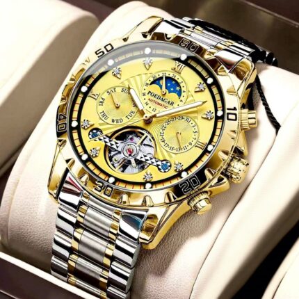 Luxury POEDAGAR Gold Automatic Mechanical Watch – Premium Stainless Steel Men's Watch with Moon Phase & Calendar