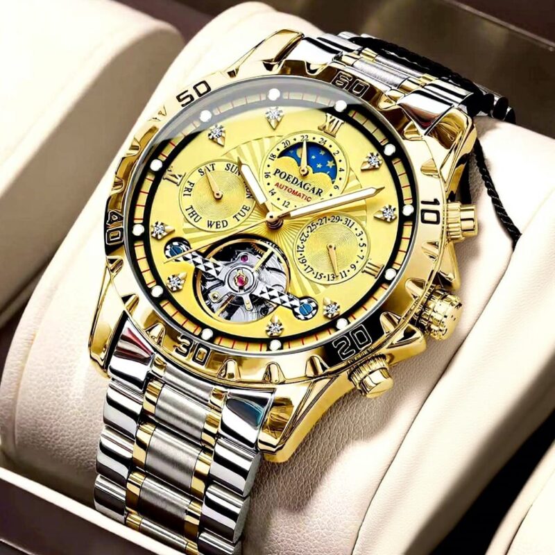 Luxury POEDAGAR Gold Automatic Mechanical Watch – Premium Stainless Steel Men's Watch with Moon Phase & Calendar